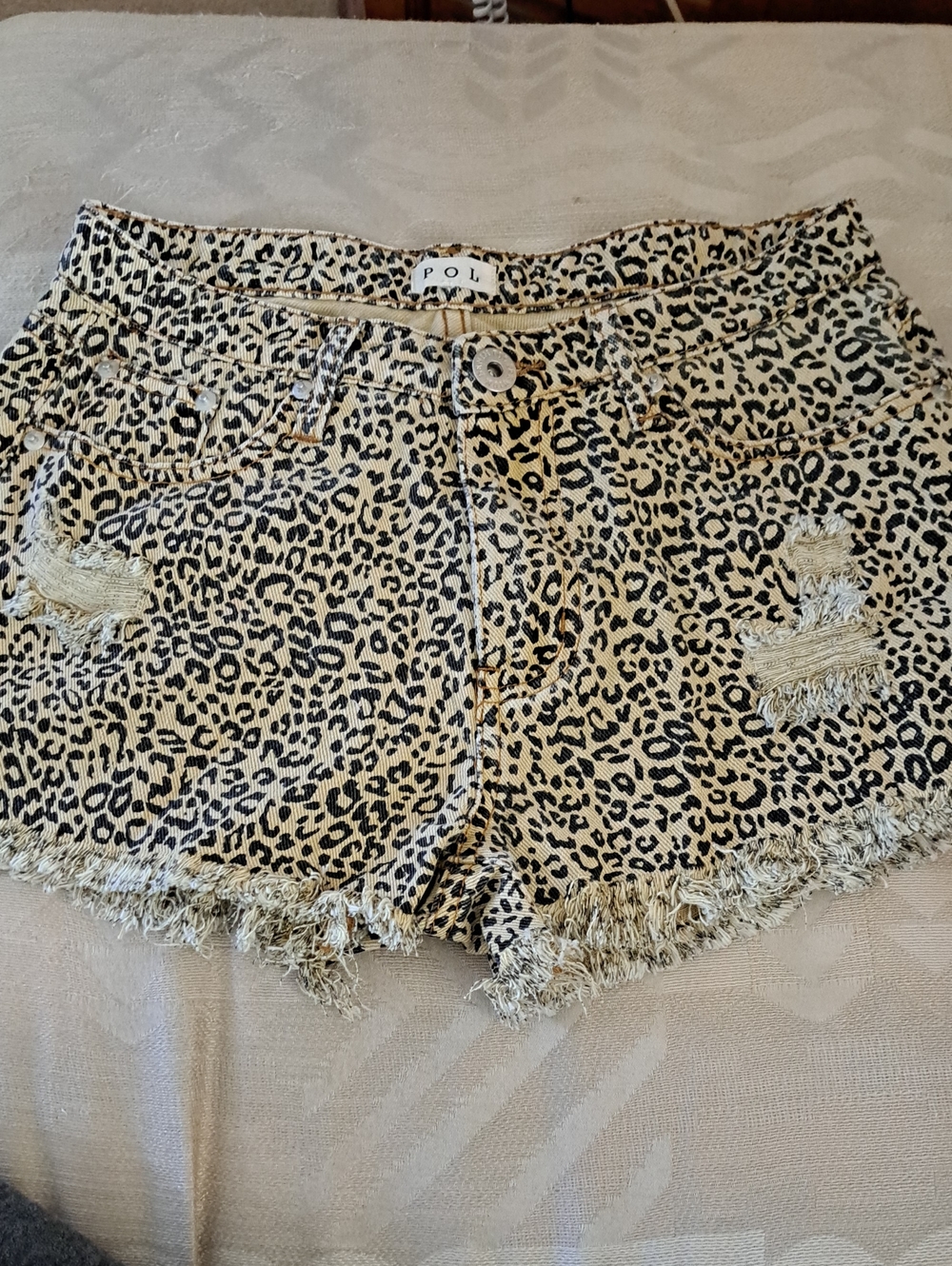 POL Leopard Print Frayed Hem Jean Shorts - Beige & Black Waist 14"